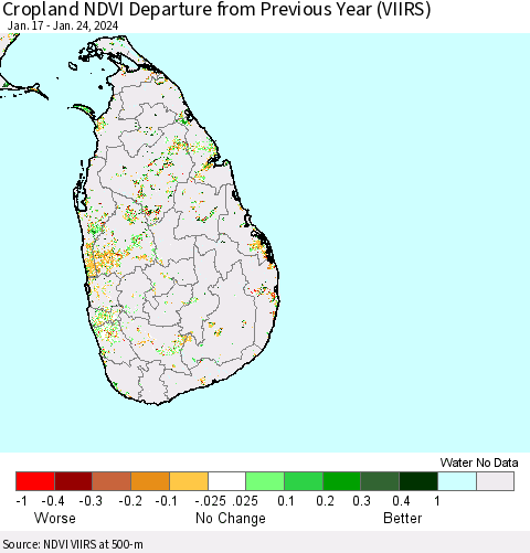 Sri Lanka Cropland NDVI Departure from Previous Year (VIIRS) Thematic Map For 1/17/2024 - 1/24/2024