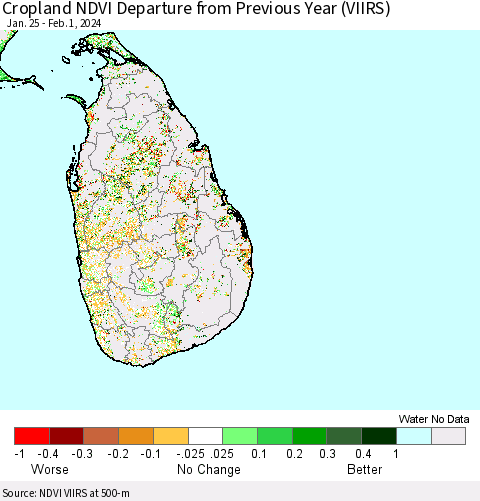 Sri Lanka Cropland NDVI Departure from Previous Year (VIIRS) Thematic Map For 1/25/2024 - 2/1/2024