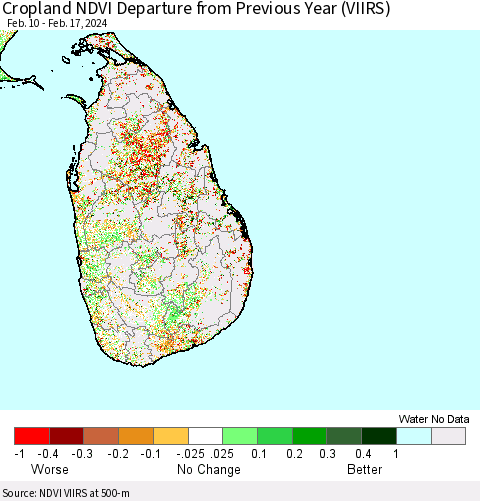Sri Lanka Cropland NDVI Departure from Previous Year (VIIRS) Thematic Map For 2/10/2024 - 2/17/2024