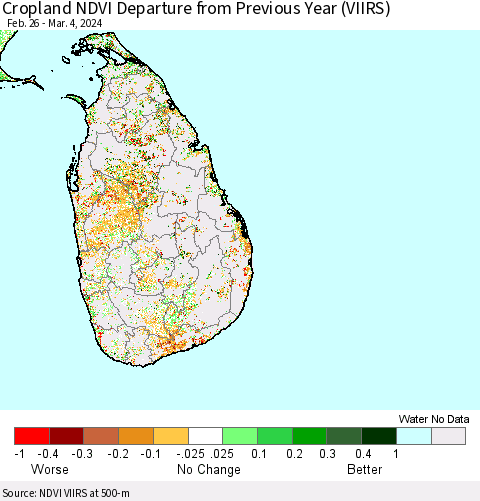 Sri Lanka Cropland NDVI Departure from Previous Year (VIIRS) Thematic Map For 2/26/2024 - 3/4/2024