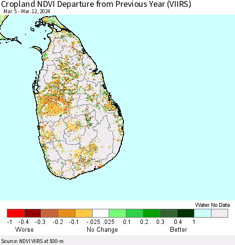 Sri Lanka Cropland NDVI Departure from Previous Year (VIIRS) Thematic Map For 3/5/2024 - 3/12/2024