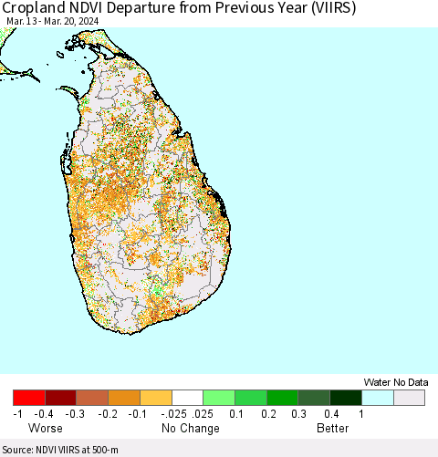Sri Lanka Cropland NDVI Departure from Previous Year (VIIRS) Thematic Map For 3/13/2024 - 3/20/2024