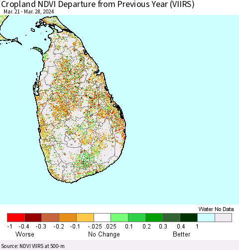 Sri Lanka Cropland NDVI Departure from Previous Year (VIIRS) Thematic Map For 3/21/2024 - 3/28/2024