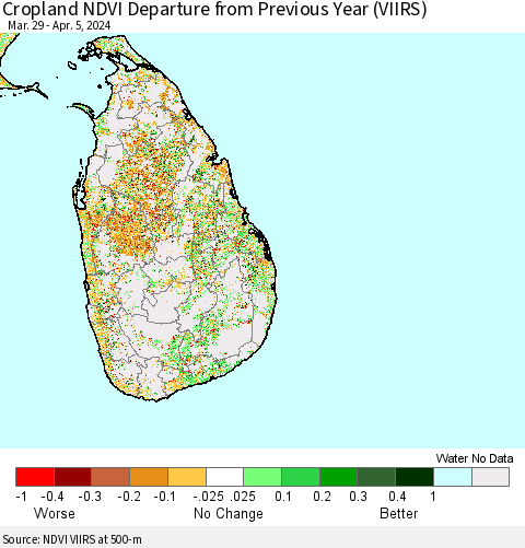 Sri Lanka Cropland NDVI Departure from Previous Year (VIIRS) Thematic Map For 3/29/2024 - 4/5/2024