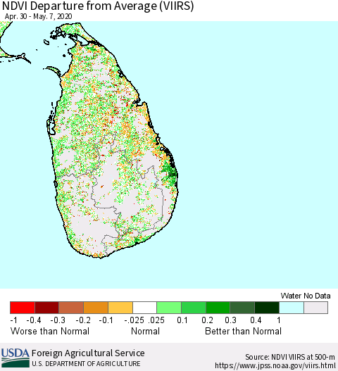 Sri Lanka NDVI Departure from Average (VIIRS) Thematic Map For 5/1/2020 - 5/10/2020