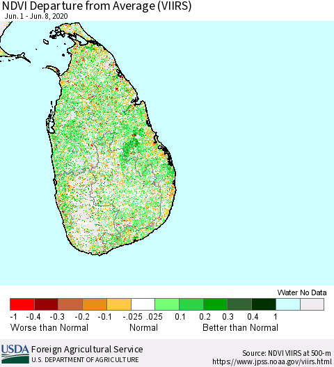 Sri Lanka NDVI Departure from Average (VIIRS) Thematic Map For 6/1/2020 - 6/10/2020