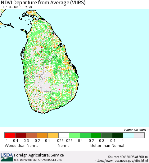 Sri Lanka NDVI Departure from Average (VIIRS) Thematic Map For 6/11/2020 - 6/20/2020