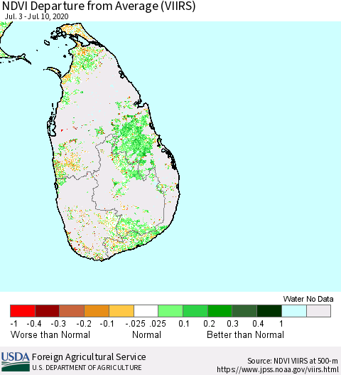 Sri Lanka NDVI Departure from Average (VIIRS) Thematic Map For 7/1/2020 - 7/10/2020