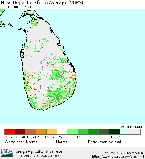Sri Lanka NDVI Departure from Average (VIIRS) Thematic Map For 7/11/2020 - 7/20/2020