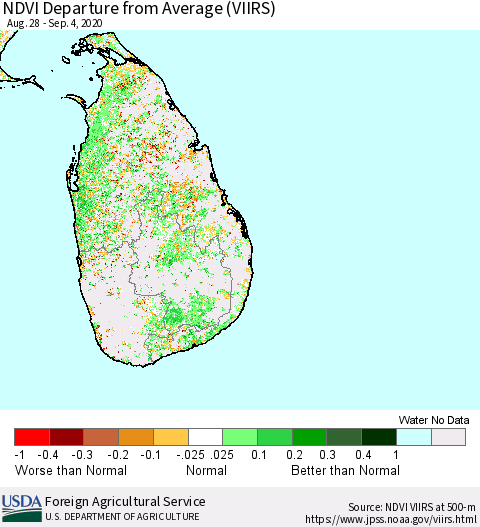 Sri Lanka NDVI Departure from Average (VIIRS) Thematic Map For 9/1/2020 - 9/10/2020