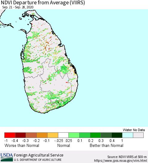 Sri Lanka NDVI Departure from Average (VIIRS) Thematic Map For 9/21/2020 - 9/30/2020