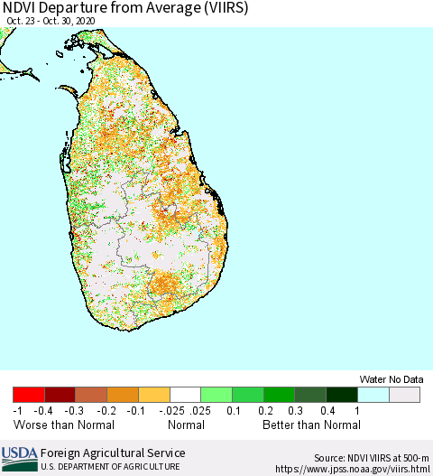Sri Lanka NDVI Departure from Average (VIIRS) Thematic Map For 10/21/2020 - 10/31/2020