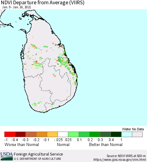 Sri Lanka NDVI Departure from Average (VIIRS) Thematic Map For 1/11/2021 - 1/20/2021