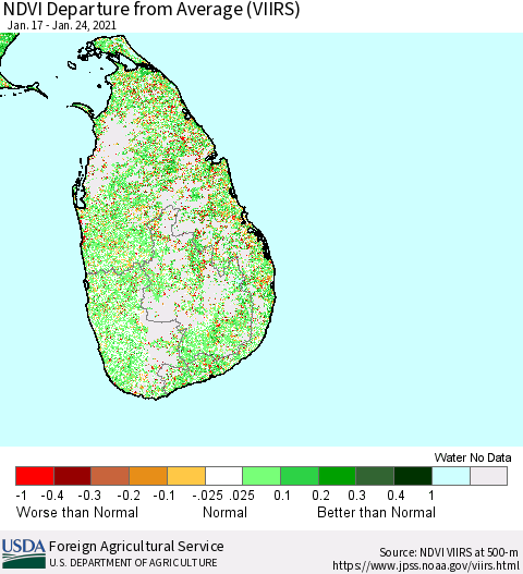 Sri Lanka NDVI Departure from Average (VIIRS) Thematic Map For 1/21/2021 - 1/31/2021