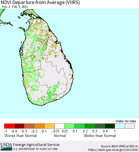 Sri Lanka NDVI Departure from Average (VIIRS) Thematic Map For 2/1/2021 - 2/10/2021