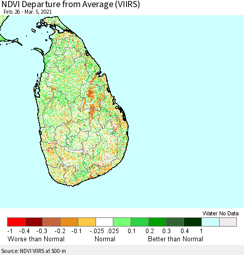 Sri Lanka NDVI Departure from Average (VIIRS) Thematic Map For 2/26/2021 - 3/5/2021