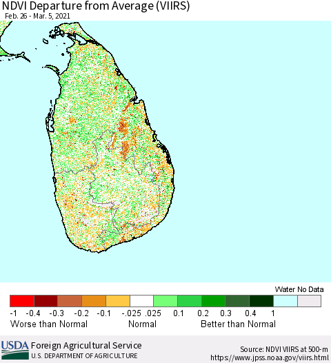 Sri Lanka NDVI Departure from Average (VIIRS) Thematic Map For 3/1/2021 - 3/10/2021