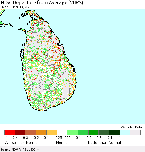 Sri Lanka NDVI Departure from Average (VIIRS) Thematic Map For 3/6/2021 - 3/13/2021