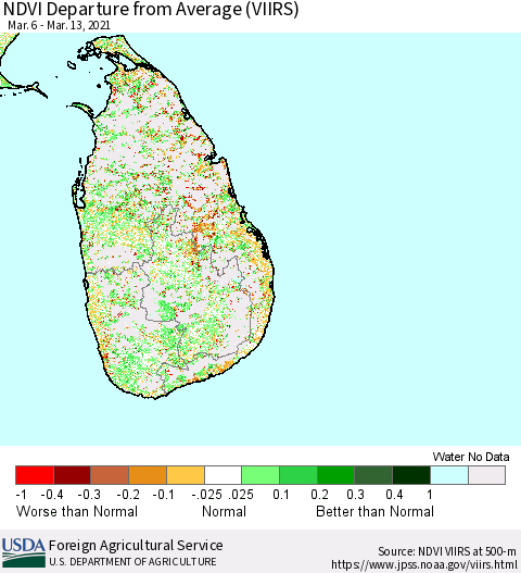 Sri Lanka NDVI Departure from Average (VIIRS) Thematic Map For 3/11/2021 - 3/20/2021