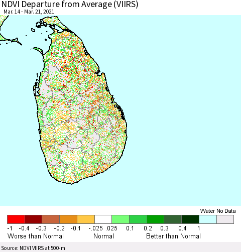 Sri Lanka NDVI Departure from Average (VIIRS) Thematic Map For 3/14/2021 - 3/21/2021