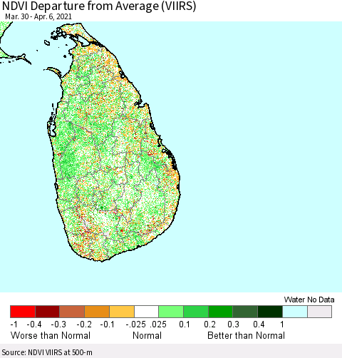 Sri Lanka NDVI Departure from Average (VIIRS) Thematic Map For 3/30/2021 - 4/6/2021