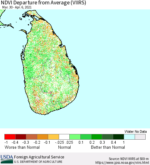 Sri Lanka NDVI Departure from Average (VIIRS) Thematic Map For 4/1/2021 - 4/10/2021