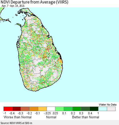 Sri Lanka NDVI Departure from Average (VIIRS) Thematic Map For 4/7/2021 - 4/14/2021