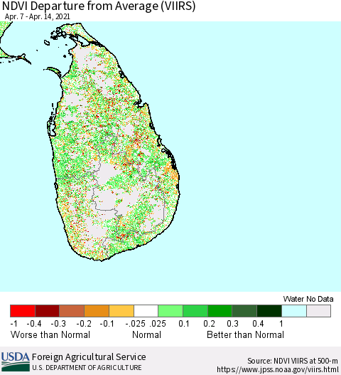 Sri Lanka NDVI Departure from Average (VIIRS) Thematic Map For 4/11/2021 - 4/20/2021