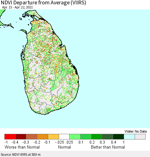 Sri Lanka NDVI Departure from Average (VIIRS) Thematic Map For 4/15/2021 - 4/22/2021