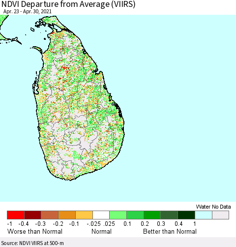 Sri Lanka NDVI Departure from Average (VIIRS) Thematic Map For 4/21/2021 - 4/30/2021