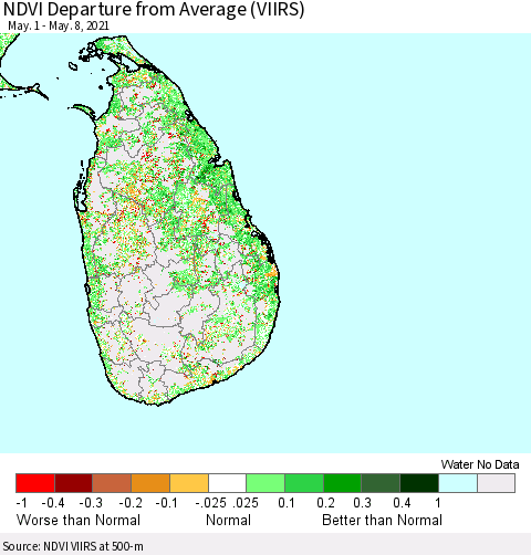 Sri Lanka NDVI Departure from Average (VIIRS) Thematic Map For 5/1/2021 - 5/8/2021