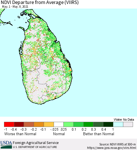 Sri Lanka NDVI Departure from Average (VIIRS) Thematic Map For 5/1/2021 - 5/10/2021