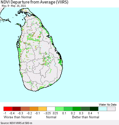 Sri Lanka NDVI Departure from Average (VIIRS) Thematic Map For 5/9/2021 - 5/16/2021