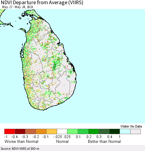 Sri Lanka NDVI Departure from Average (VIIRS) Thematic Map For 5/17/2021 - 5/24/2021