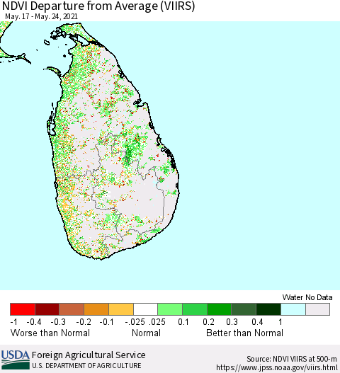Sri Lanka NDVI Departure from Average (VIIRS) Thematic Map For 5/21/2021 - 5/31/2021