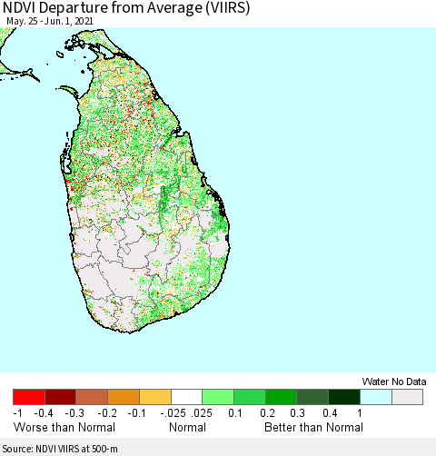Sri Lanka NDVI Departure from Average (VIIRS) Thematic Map For 5/25/2021 - 6/1/2021