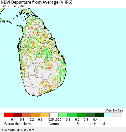 Sri Lanka NDVI Departure from Average (VIIRS) Thematic Map For 6/2/2021 - 6/9/2021