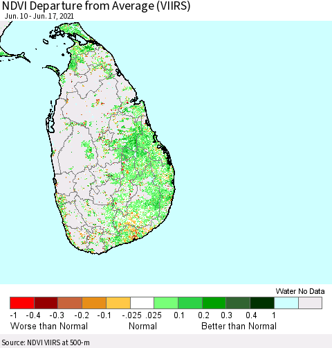 Sri Lanka NDVI Departure from Average (VIIRS) Thematic Map For 6/10/2021 - 6/17/2021