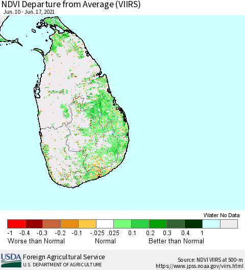 Sri Lanka NDVI Departure from Average (VIIRS) Thematic Map For 6/11/2021 - 6/20/2021