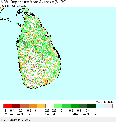 Sri Lanka NDVI Departure from Average (VIIRS) Thematic Map For 6/18/2021 - 6/25/2021