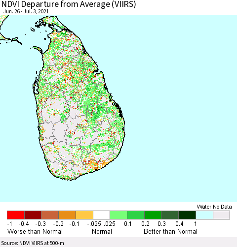 Sri Lanka NDVI Departure from Average (VIIRS) Thematic Map For 6/26/2021 - 7/3/2021