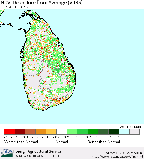 Sri Lanka NDVI Departure from Average (VIIRS) Thematic Map For 7/1/2021 - 7/10/2021