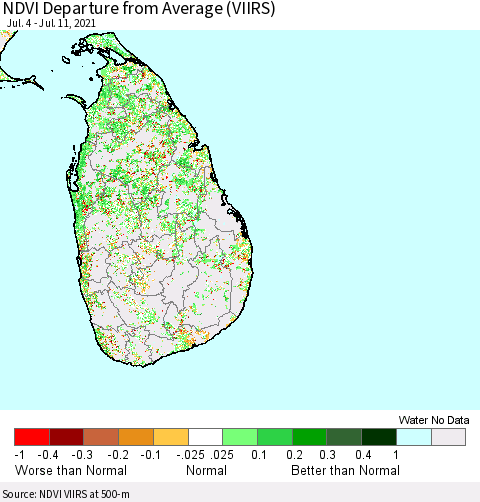 Sri Lanka NDVI Departure from Average (VIIRS) Thematic Map For 7/4/2021 - 7/11/2021