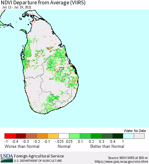 Sri Lanka NDVI Departure from Average (VIIRS) Thematic Map For 7/11/2021 - 7/20/2021