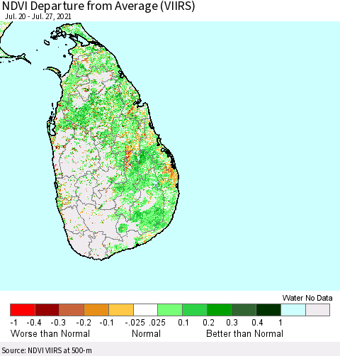 Sri Lanka NDVI Departure from Average (VIIRS) Thematic Map For 7/20/2021 - 7/27/2021