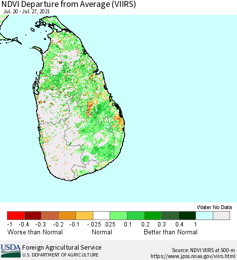 Sri Lanka NDVI Departure from Average (VIIRS) Thematic Map For 7/21/2021 - 7/31/2021