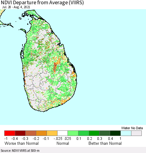 Sri Lanka NDVI Departure from Average (VIIRS) Thematic Map For 7/28/2021 - 8/4/2021