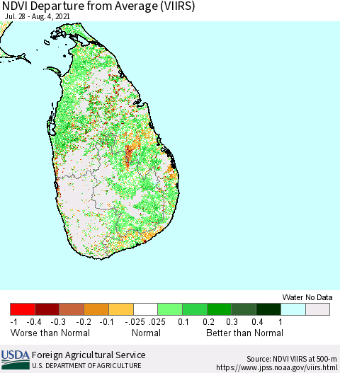 Sri Lanka NDVI Departure from Average (VIIRS) Thematic Map For 8/1/2021 - 8/10/2021