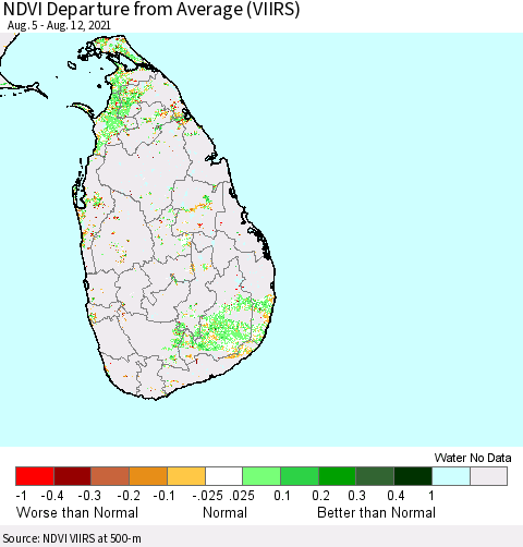 Sri Lanka NDVI Departure from Average (VIIRS) Thematic Map For 8/5/2021 - 8/12/2021