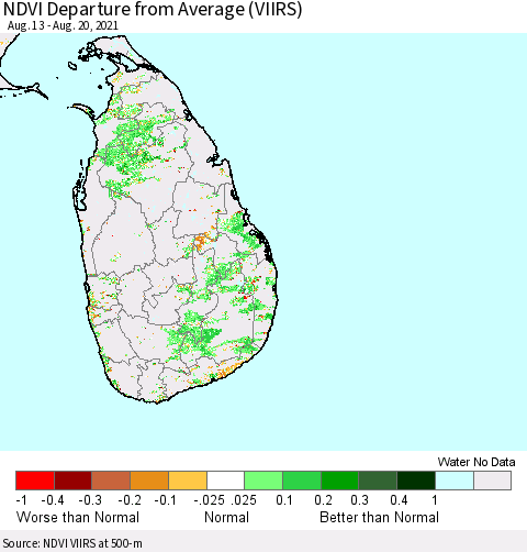 Sri Lanka NDVI Departure from Average (VIIRS) Thematic Map For 8/11/2021 - 8/20/2021